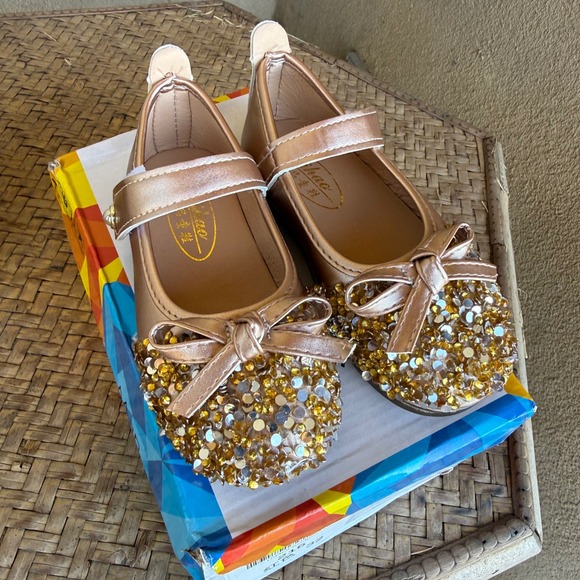Shao Other - Shao Mary Jane Flats Kids Size 27 Rose Gold Sequin Bow Dress Shoes Sparkly Bling